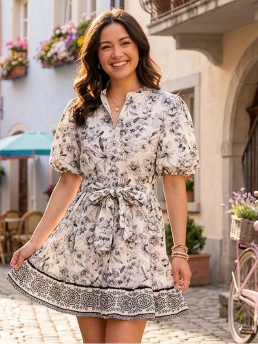 Joie Black and White Floral Mini Dress with Waist Tie